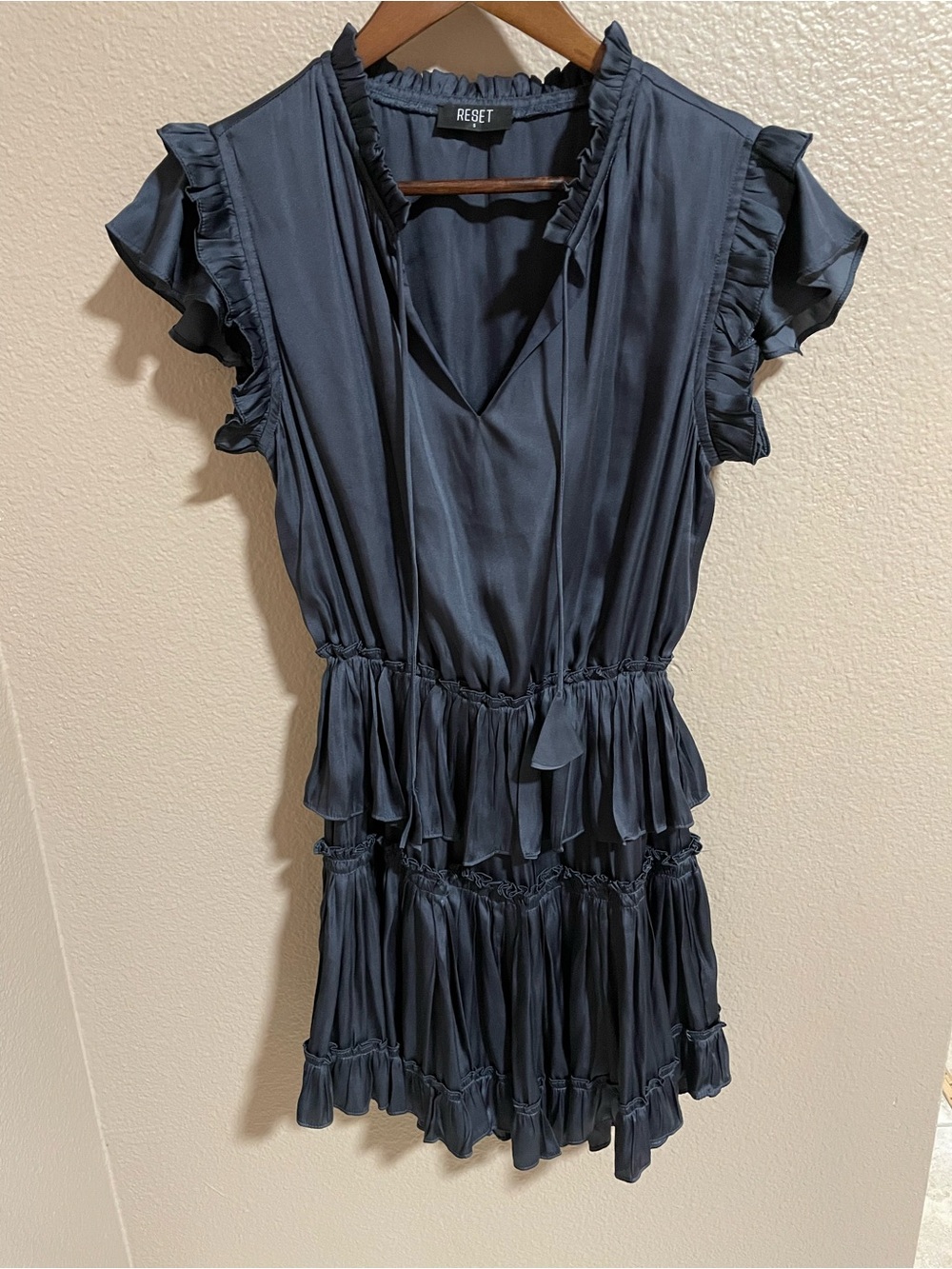 Navy Ruffle Tiered V-Neck Dress